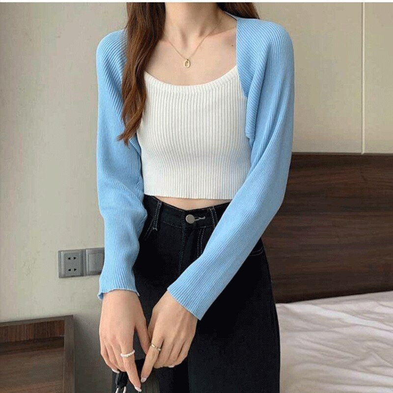 Sieviešu trikotāžas īss šalles jakas vienkrāsains ar garām piedurknēm, brīvi apgriezts trikotāžas augšējais trikotāžas jaka mētelis Y2k korejiešu mētelis ielas apģērbs