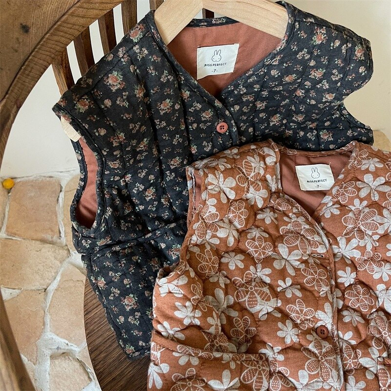 Νέο φθινόπωρο 2022 βρεφικά κοριτσάκια βαμβακερά γιλέκα με φλοράλ στάμπα σε κορεατικό στυλ παιδικό αμάνικο παλτό Παιδικό ζεστό γιλέκο