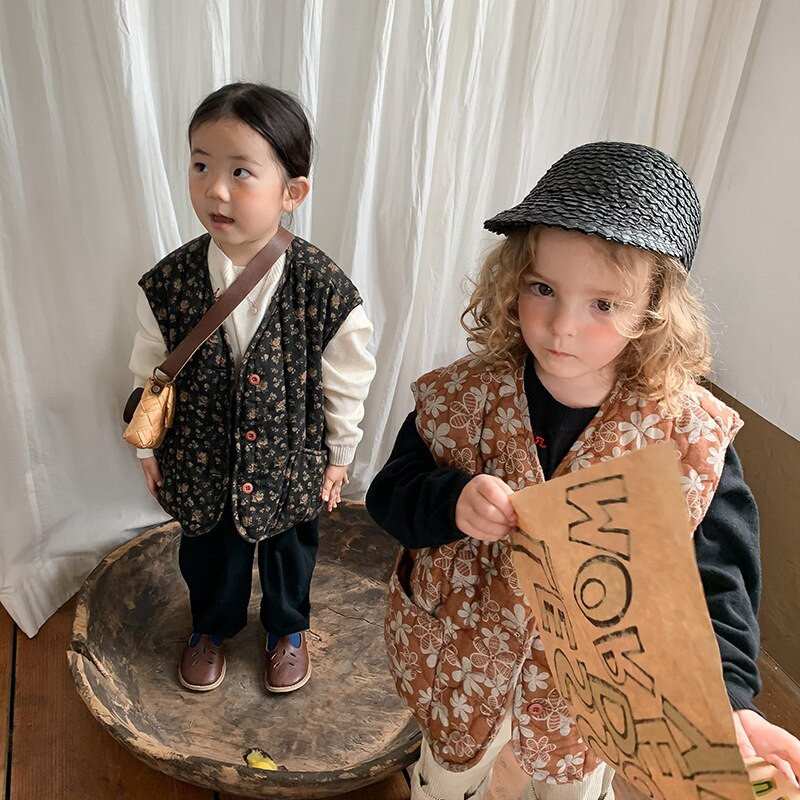 Νέο φθινόπωρο 2022 βρεφικά κοριτσάκια βαμβακερά γιλέκα με φλοράλ στάμπα σε κορεατικό στυλ παιδικό αμάνικο παλτό Παιδικό ζεστό γιλέκο