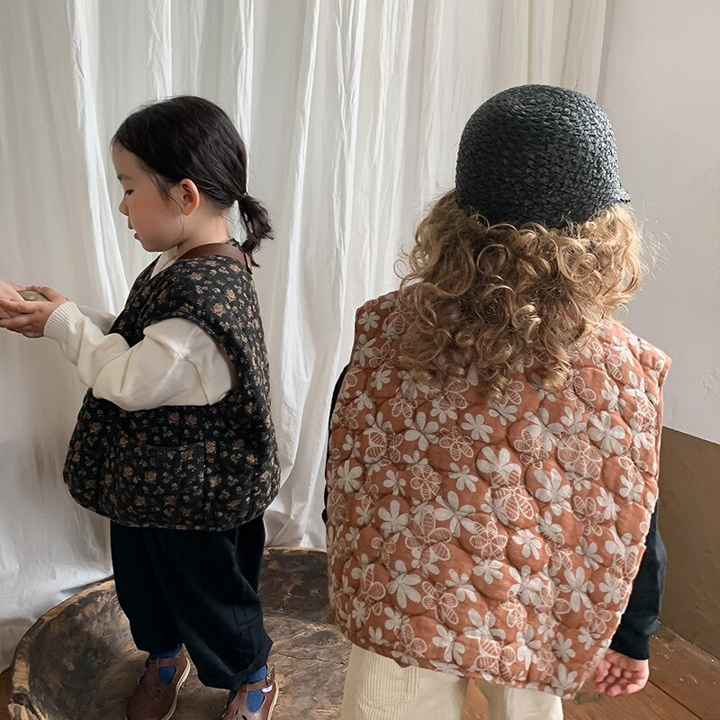 Νέο φθινόπωρο 2022 βρεφικά κοριτσάκια βαμβακερά γιλέκα με φλοράλ στάμπα σε κορεατικό στυλ παιδικό αμάνικο παλτό Παιδικό ζεστό γιλέκο