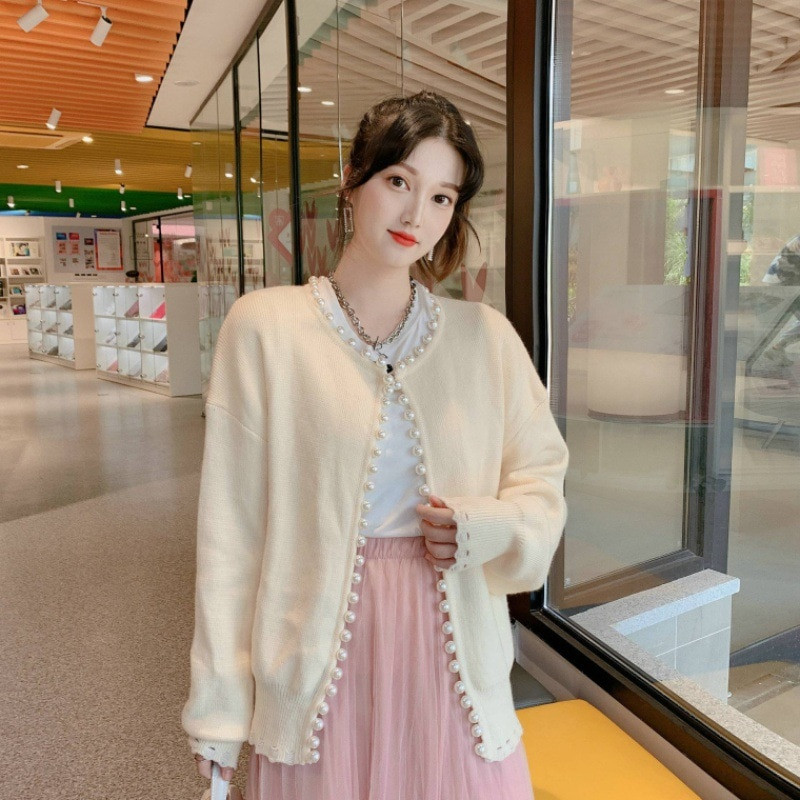 WDMSNA apaļa kakla pērļu apdare, trikotāžas džemperis sievietēm ar garām piedurknēm jaciņa slinka stila modes brīvi īsi sieviešu džemperi