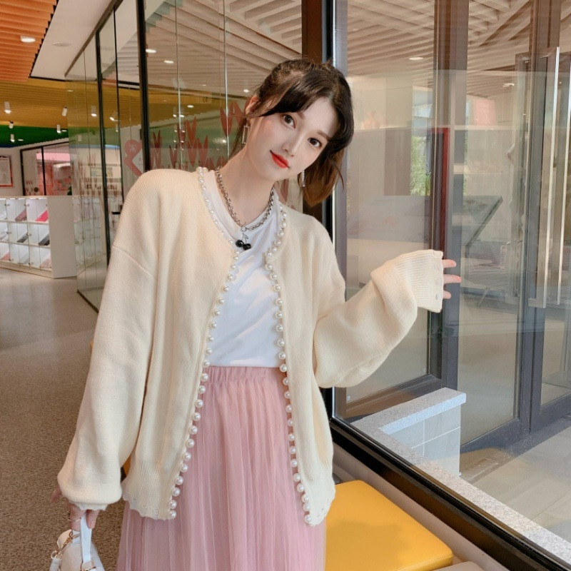 WDMSNA apaļa kakla pērļu apdare, trikotāžas džemperis sievietēm ar garām piedurknēm jaciņa slinka stila modes brīvi īsi sieviešu džemperi