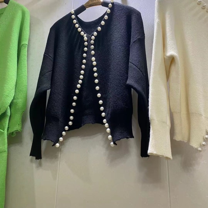 WDMSNA apaļa kakla pērļu apdare, trikotāžas džemperis sievietēm ar garām piedurknēm jaciņa slinka stila modes brīvi īsi sieviešu džemperi