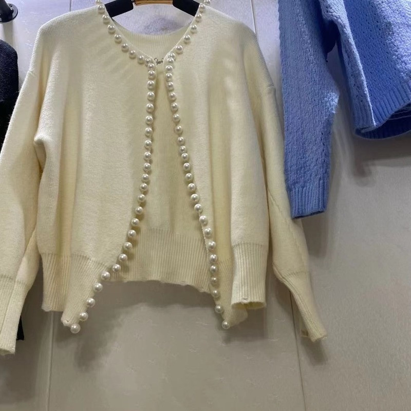 WDMSNA apaļa kakla pērļu apdare, trikotāžas džemperis sievietēm ar garām piedurknēm jaciņa slinka stila modes brīvi īsi sieviešu džemperi