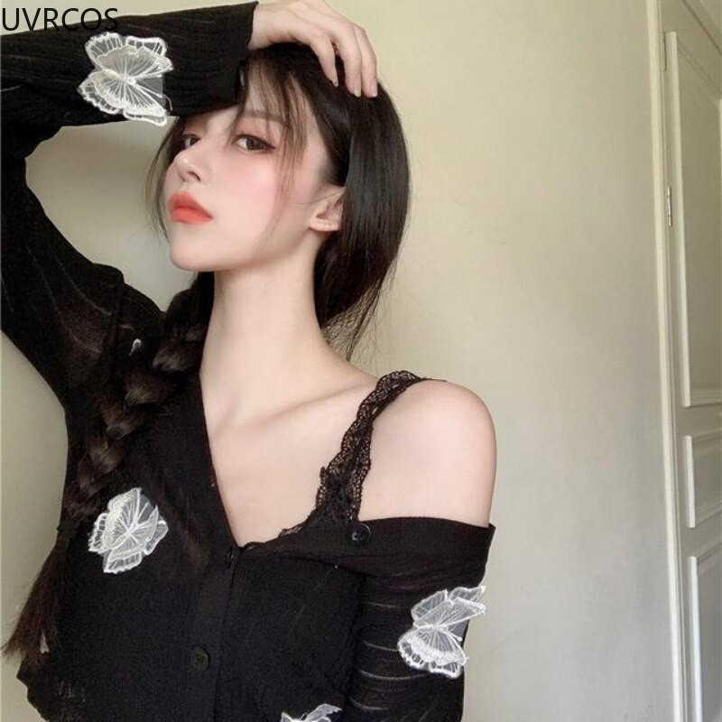 2022. gada rudens jaukums ar tauriņiem, trikotāžas sieviešu korejiešu seksīgs V veida kakla izgriezuma īss džempera jaka Vasaras sauļošanās krēms ar garām piedurknēm