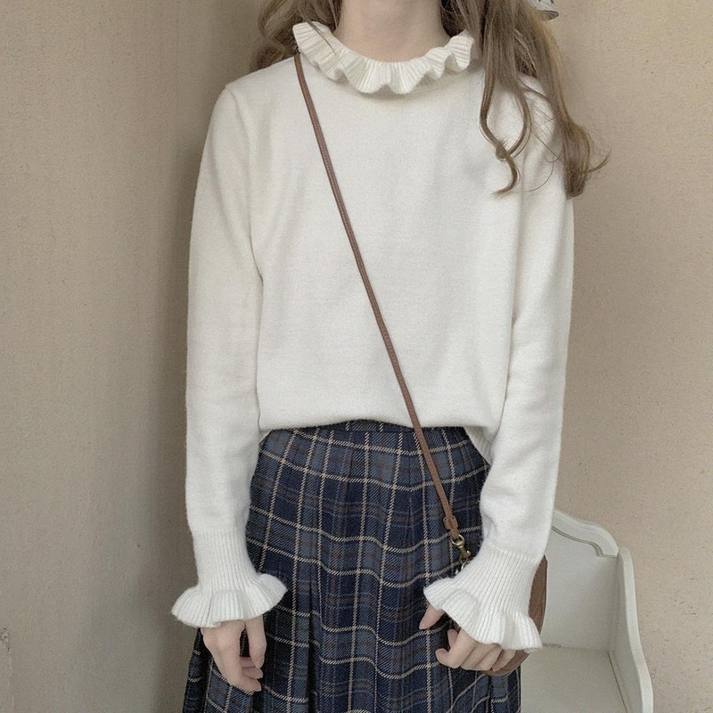 Πουλόβερ Γυναικεία Kawaii Ruffles Design College Solid Chic Γυναικεία Πουλόβερ Παντός αγώνα Ulzzang Simple μαλακά μακρυμάνικα γυναικεία πλεκτά