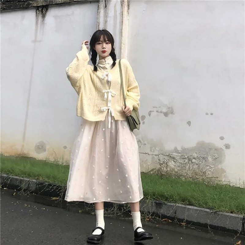 Világossárga, vágott kardigán női édes, bő, fűzős, kötött pulóver dzsekik, női vájt felsők, 2021. ősz női ruházat