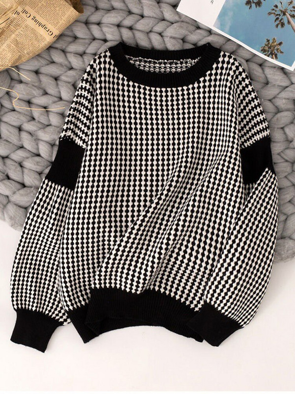 Γυναικεία πουλόβερ TIGENA 2022 Φθινόπωρο Χειμώνας με ριγέ πουά στάμπα Απλή φαρδιά μακρυμάνικη πλεκτά γυναικεία μπλουζάκια