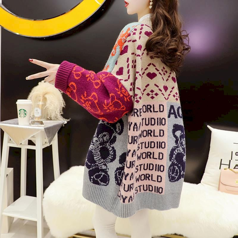 Korejas karikatūras džemperis Sieviešu vidēja garuma 2022. gada pavasara rudens, jauni, brīvi adīti jaka jaka, modes ikdienas džemperi