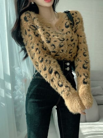 Onalippa Slim Leopard Едноредна плетена жилетка Корейска мода Chic Есен Зима Пухкав пуловер 2022 есен Нови пуловери