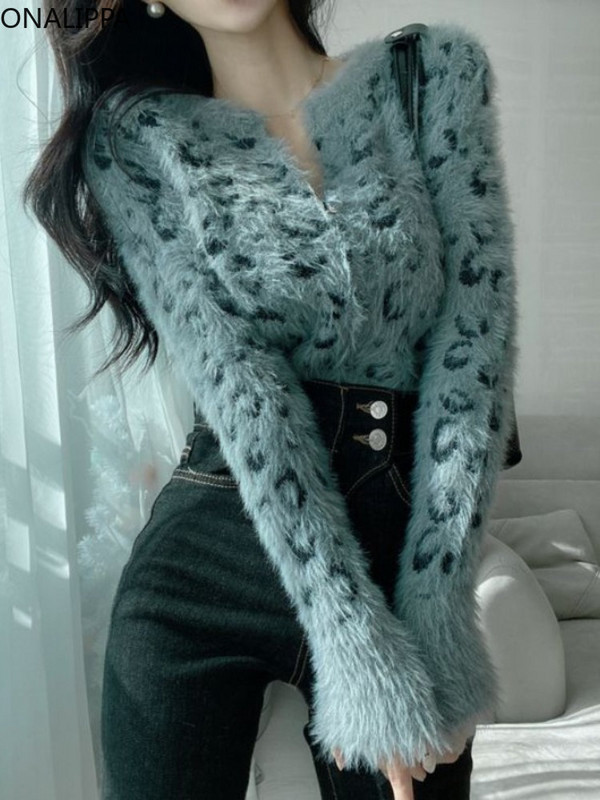 Onalippa Slim Leopard Μονόστορο Πλεκτό Ζακέτα Κορεατικής μόδας Κομψό Φθινοπωρινό Χνουδωτό Πουλόβερ 2022 Φθινόπωρο Νέα πουλόβερ