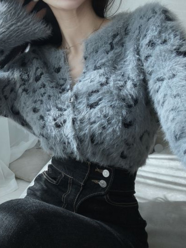 Onalippa Slim Leopard Μονόστορο Πλεκτό Ζακέτα Κορεατικής μόδας Κομψό Φθινοπωρινό Χνουδωτό Πουλόβερ 2022 Φθινόπωρο Νέα πουλόβερ