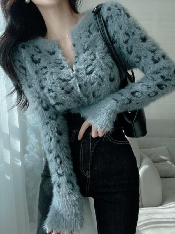 Onalippa Slim Leopard Μονόστορο Πλεκτό Ζακέτα Κορεατικής μόδας Κομψό Φθινοπωρινό Χνουδωτό Πουλόβερ 2022 Φθινόπωρο Νέα πουλόβερ
