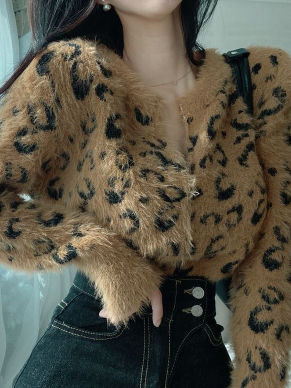 Onalippa Slim Leopard Μονόστορο Πλεκτό Ζακέτα Κορεατικής μόδας Κομψό Φθινοπωρινό Χνουδωτό Πουλόβερ 2022 Φθινόπωρο Νέα πουλόβερ