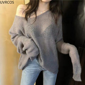 Σέξι λεπτά πουλόβερ Γυναικεία Vintage κούφια πλεκτά πουλόβερ Γλυκά κορίτσια Casual φαρδιά φούτερ με λαιμόκοψη V Κομψά κορεάτικα ρούχα Νέα