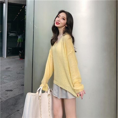 Σέξι λεπτά πουλόβερ Γυναικεία Vintage κούφια πλεκτά πουλόβερ Γλυκά κορίτσια Casual φαρδιά φούτερ με λαιμόκοψη V Κομψά κορεάτικα ρούχα Νέα