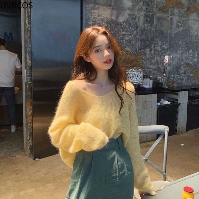 Σέξι λεπτά πουλόβερ Γυναικεία Vintage κούφια πλεκτά πουλόβερ Γλυκά κορίτσια Casual φαρδιά φούτερ με λαιμόκοψη V Κομψά κορεάτικα ρούχα Νέα