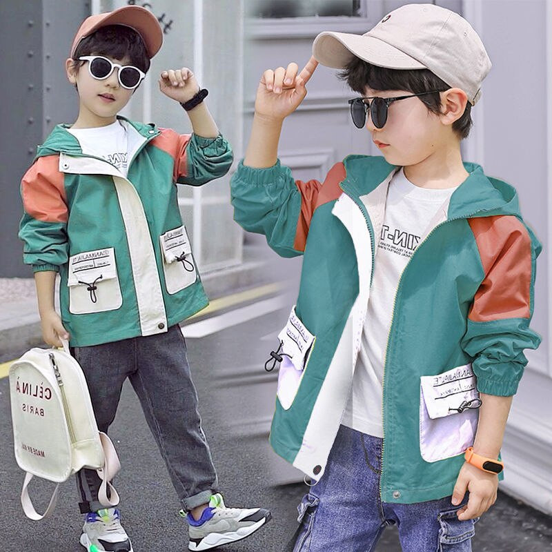 Pavasara rudens zēnu jaka ar kapuci Skolas apģērbi gari bērnu topi vējjakas zēnu ūdensnecaurlaidīgi apģērbi ar piedurknēm 4–14 gadi