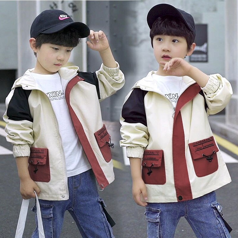 Pavasara rudens zēnu jaka ar kapuci Skolas apģērbi gari bērnu topi vējjakas zēnu ūdensnecaurlaidīgi apģērbi ar piedurknēm 4–14 gadi