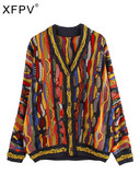 XFPV 2022 jauns rudens modes gadījuma raksturs ar V kakla izgriezumu, garām piedurknēm, brīvs, daudzkrāsains, svītrains, plāns jaciņš, trikotāžas džemperis, sieviete, SM11890