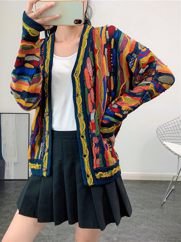 XFPV 2022 jauns rudens modes gadījuma raksturs ar V kakla izgriezumu, garām piedurknēm, brīvs, daudzkrāsains, svītrains, plāns jaciņš, trikotāžas džemperis, sieviete, SM11890