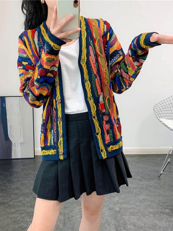 XFPV 2022 jauns rudens modes gadījuma raksturs ar V kakla izgriezumu, garām piedurknēm, brīvs, daudzkrāsains, svītrains, plāns jaciņš, trikotāžas džemperis, sieviete, SM11890