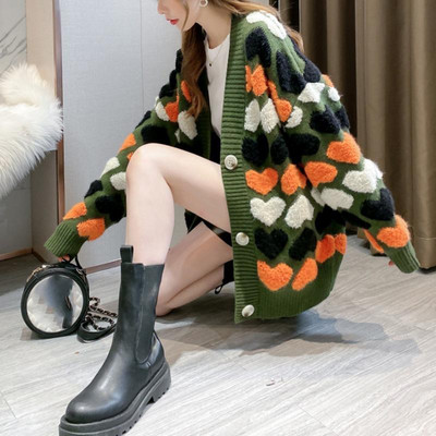 Κέντημα καρδιάς Ζακέτα Γυναικεία Μόδα V Λαιμόκοψη Χρώμα Flocking Πουλόβερ Γυναικεία Φαρδιά και καθημερινά πλεκτά ρούχα ζακέτα