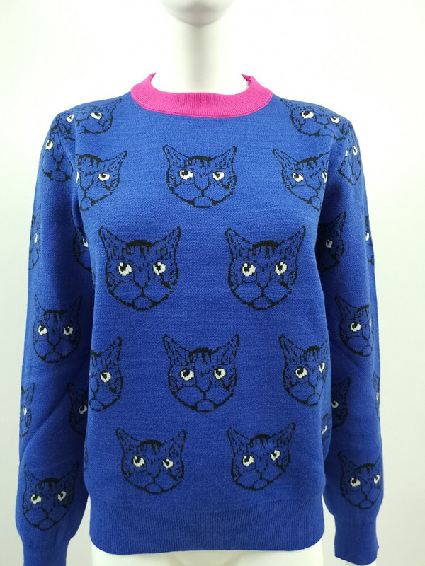 Modes sieviešu džemperis silts karikatūra kaķu žakarda džemperis ar garām piedurknēm Trikotāža Rudens ziema Sieviešu ikdienas džemperis trikotāžas topi