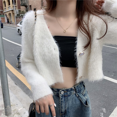 Απαλά πουλόβερ μοχέρ Ζακέτες Γυναικείες πλεκτές με λαιμόκοψη σε σχήμα V με όλο το μανίκι Cropped Ζακέτα Lady μονόπλευρο πουλόβερ Crop tops