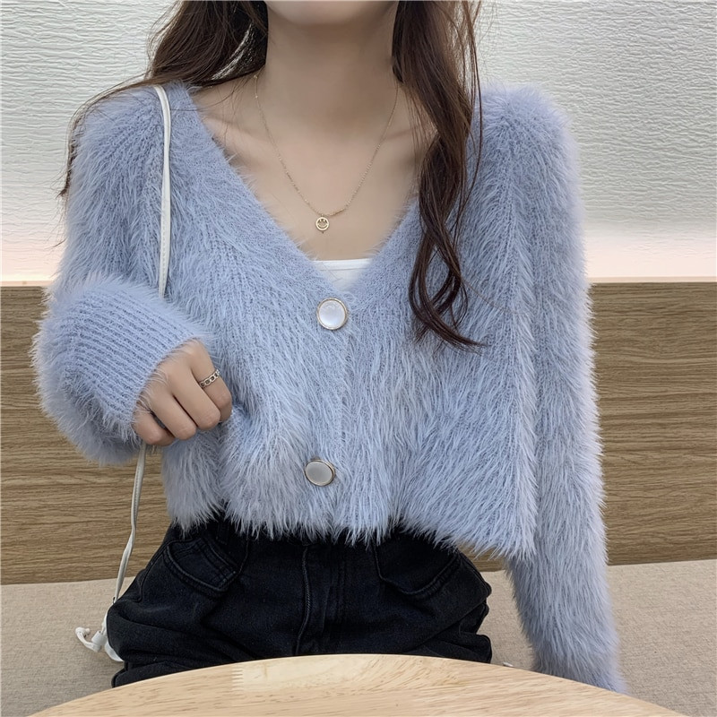 Απαλά πουλόβερ μοχέρ Ζακέτες Γυναικείες πλεκτές με λαιμόκοψη σε σχήμα V με όλο το μανίκι Cropped Ζακέτα Lady μονόπλευρο πουλόβερ Crop tops