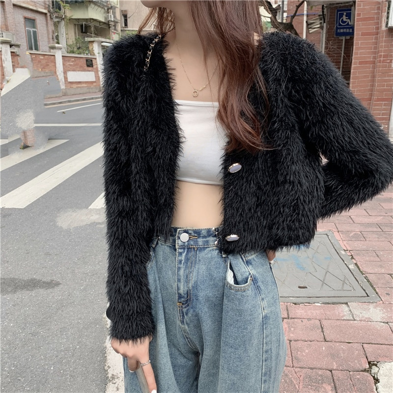 Απαλά πουλόβερ μοχέρ Ζακέτες Γυναικείες πλεκτές με λαιμόκοψη σε σχήμα V με όλο το μανίκι Cropped Ζακέτα Lady μονόπλευρο πουλόβερ Crop tops