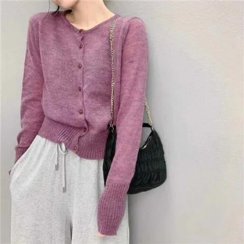 Ledus zīda adīšanas jakas 2022. gada pavasara rudens Sieviešu T krekls Plāns Caurspīdīgs Modes Vienkrāsains Apgriezts Jakas Ikdienas apģērbs