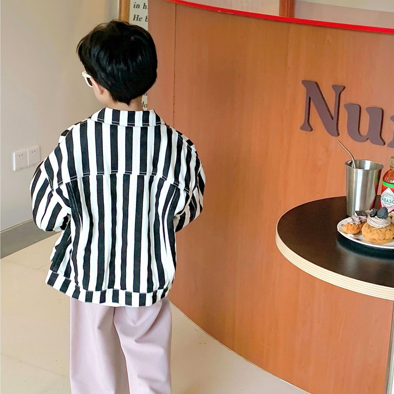 Rudens modes zēnu ikdienas jakas ar vertikālām svītrām Bērnu mazgātas kokvilnas mēteļi