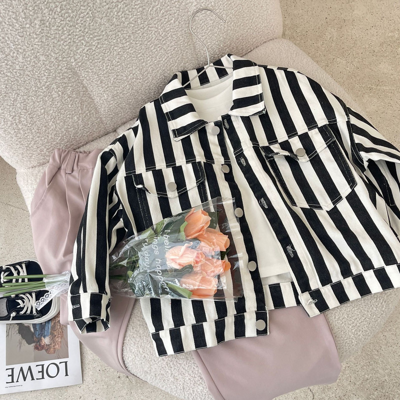 Rudens modes zēnu ikdienas jakas ar vertikālām svītrām Bērnu mazgātas kokvilnas mēteļi