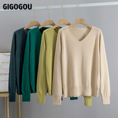GIGOGOU Candy Color Sieviešu džemperi Rudens Ziemas V kakla sieviešu džemperi Džemperi ar garām piedurknēm Sieviešu džemperi Top Pull Femme