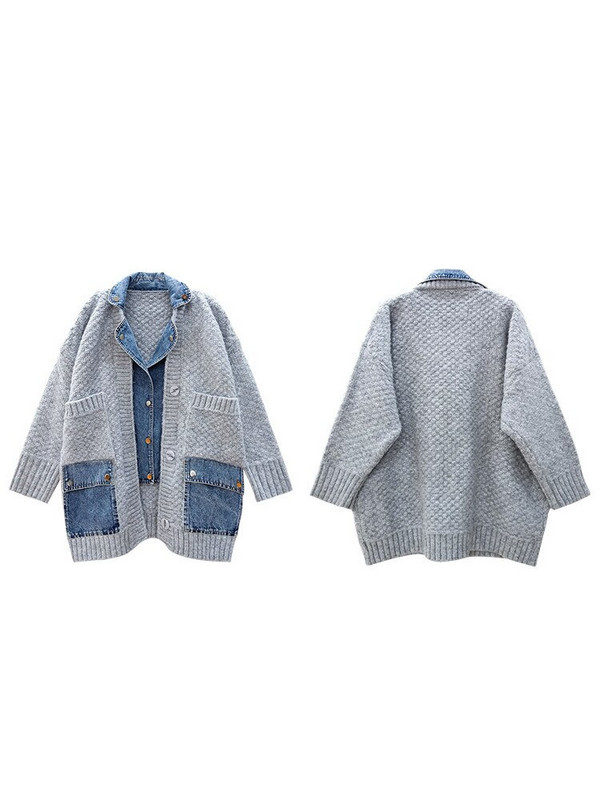 Πλεκτό τζιν με ραφές Γυναικείο παλτό χειμωνιάτικο ριχτό μανίκι νυχτερίδα Ζακέτα Φαρδύ μονό στήθος πουλόβερ 2021