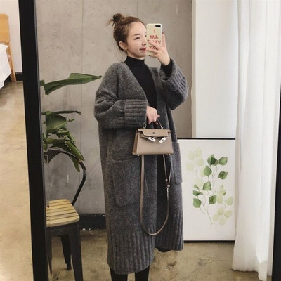 SHIJIA Khaki gara adīta sieviešu jaka kabatā, 2022. gada rudens, korejiešu vilnas džemperis ar garām piedurknēm Sieviešu pelēks trikotāžas mētelis