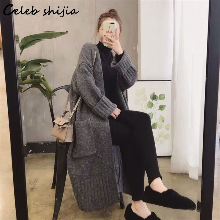 SHIJIA Khaki gara adīta sieviešu jaka kabatā, 2022. gada rudens, korejiešu vilnas džemperis ar garām piedurknēm Sieviešu pelēks trikotāžas mētelis