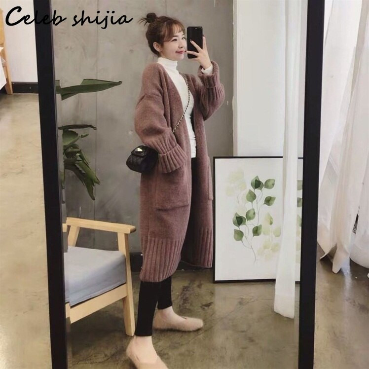 SHIJIA Khaki gara adīta sieviešu jaka kabatā, 2022. gada rudens, korejiešu vilnas džemperis ar garām piedurknēm Sieviešu pelēks trikotāžas mētelis