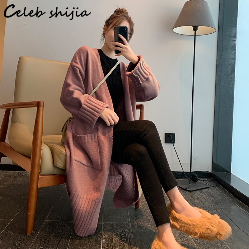 SHIJIA Khaki gara adīta sieviešu jaka kabatā, 2022. gada rudens, korejiešu vilnas džemperis ar garām piedurknēm Sieviešu pelēks trikotāžas mētelis