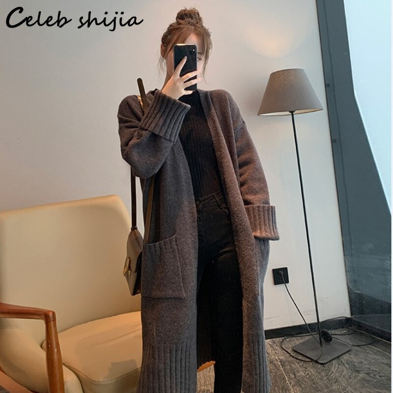 SHIJIA Khaki gara adīta sieviešu jaka kabatā, 2022. gada rudens, korejiešu vilnas džemperis ar garām piedurknēm Sieviešu pelēks trikotāžas mētelis