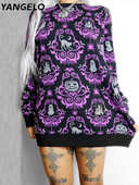 Yangelo Gothic Helovīna sieviešu džemperis ar apaļu kakla ķirbju rakstu, vaļīgām garām piedurknēm silts rudens un ziemas ielas Y2K džemperis