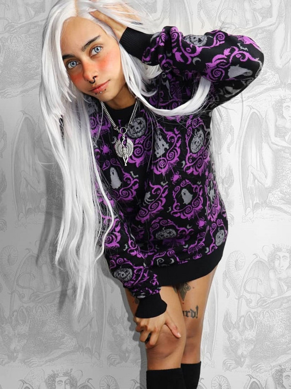 Yangelo Gothic Helovīna sieviešu džemperis ar apaļu kakla ķirbju rakstu, vaļīgām garām piedurknēm silts rudens un ziemas ielas Y2K džemperis