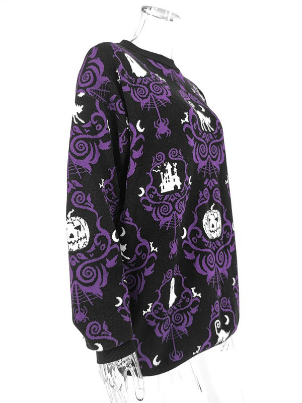 Yangelo Gothic Helovīna sieviešu džemperis ar apaļu kakla ķirbju rakstu, vaļīgām garām piedurknēm silts rudens un ziemas ielas Y2K džemperis