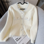 Korėjietiškos mados raukiniai kašmyro megztiniai, moteriški Kawaii saldūs kaklo trumpi megztiniai paltai Elegantiški laisvi ilgomis rankovėmis megzti viršūnės