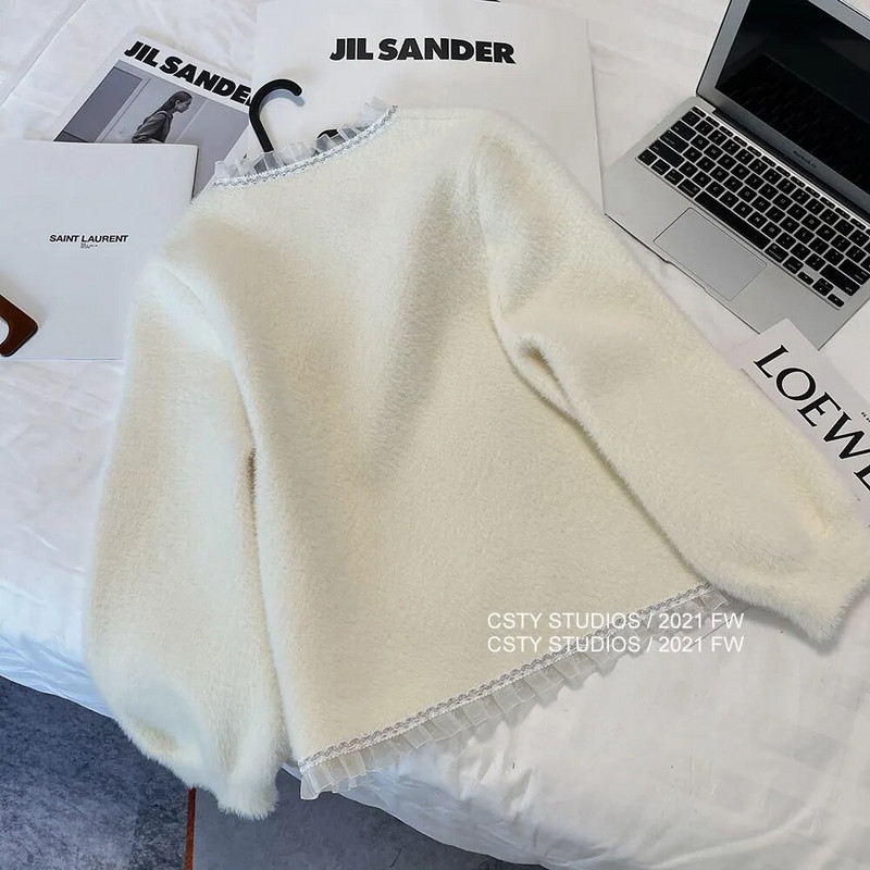 Korėjietiškos mados raukiniai kašmyro megztiniai, moteriški Kawaii saldūs kaklo trumpi megztiniai paltai Elegantiški laisvi ilgomis rankovėmis megzti viršūnės