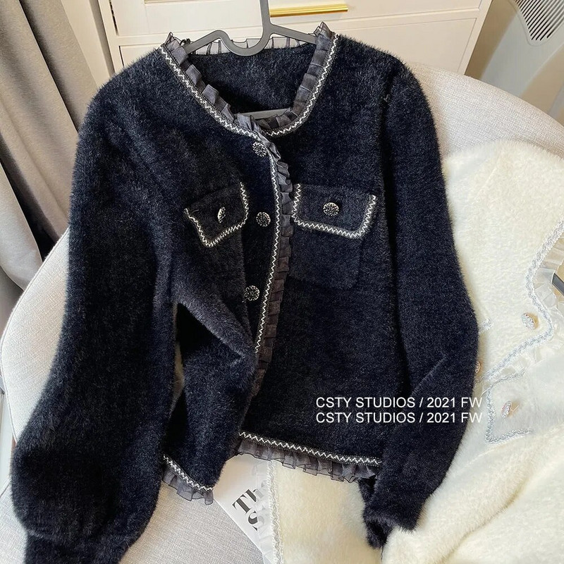 Korėjietiškos mados raukiniai kašmyro megztiniai, moteriški Kawaii saldūs kaklo trumpi megztiniai paltai Elegantiški laisvi ilgomis rankovėmis megzti viršūnės