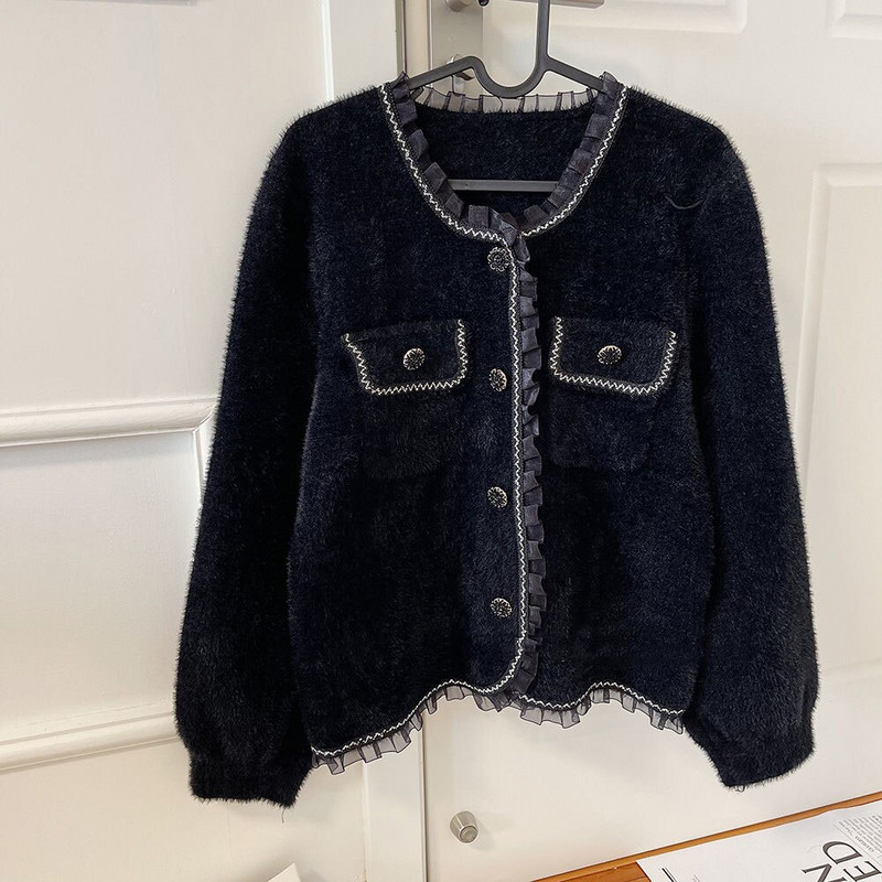 Korėjietiškos mados raukiniai kašmyro megztiniai, moteriški Kawaii saldūs kaklo trumpi megztiniai paltai Elegantiški laisvi ilgomis rankovėmis megzti viršūnės