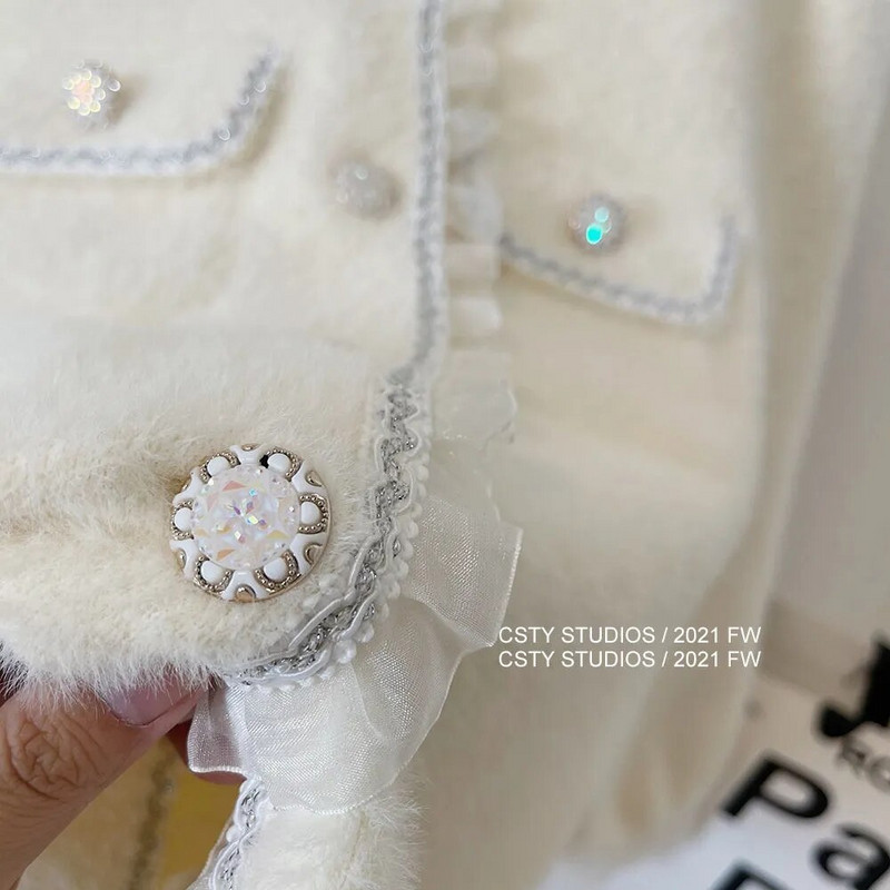 Korėjietiškos mados raukiniai kašmyro megztiniai, moteriški Kawaii saldūs kaklo trumpi megztiniai paltai Elegantiški laisvi ilgomis rankovėmis megzti viršūnės