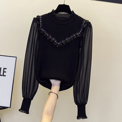 Rudens ziema sievietes Ziedu izšuvumi džemperis brīvs ikdienišķs garš Piedurknēm volānu apkakle Patchwork Spring Lielizmēra pulovers